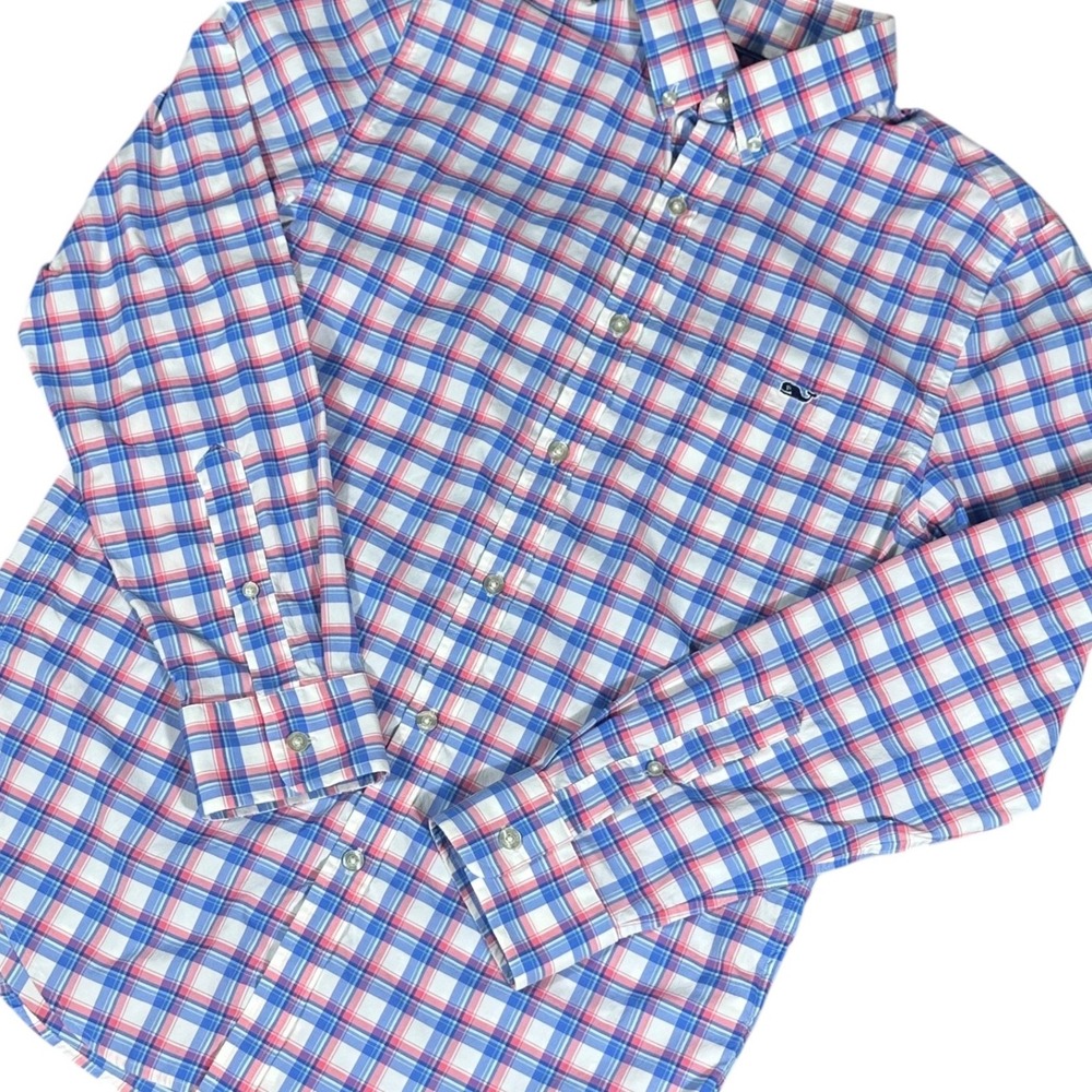 Vineyard Vines Performance Tucker Shirt Mens Small Blue Pink Plaid Slim Fit